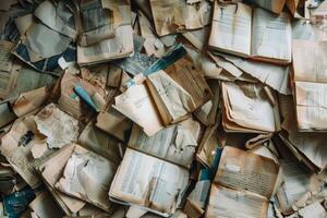 Pile of old torn books forming a textured background photo