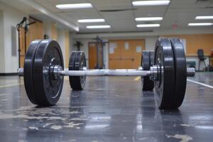 Weight bar with weights lying on a gym floor photo