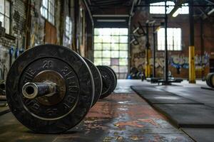 Close up of barbell weights lying on gym floor photo