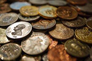 Pile of old coins showing portraits of famous people photo
