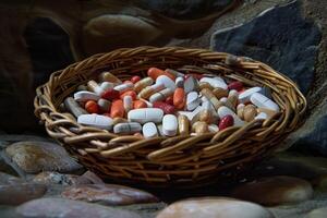 Wicker basket overflowing with colorful pills resting on rocks photo