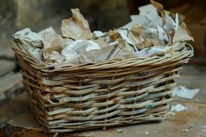 Old wicker basket overflowing with crumpled paper representing clutter photo