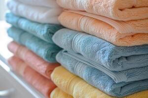 Stack of fresh colorful towels is lying folded on the shelf photo