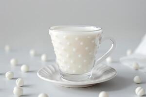 Steaming cup of milk surrounded by white chocolate on white background photo