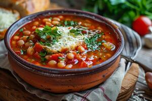 Steaming bean soup garnished with fresh parsley and grated cheese being served in rustic kitchen photo