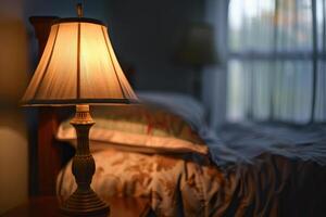 Vintage bedside lamp illuminating bedroom at dusk photo