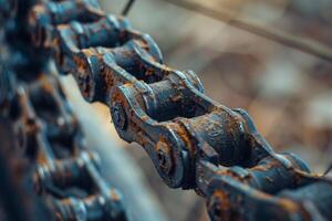 Rusty chain hanging with blurred background showing industrial decay photo