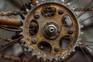 Rusty chainring showing age and wear of vintage bicycle photo