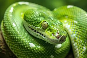 Green tree python coiled up and resting on a branch photo