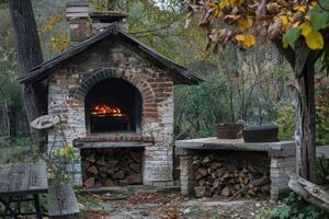 Brick built wood burning pizza oven burning brightly in garden setting photo