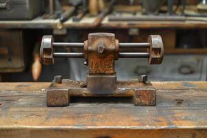 Old rusty hand tool sitting on workbench in workshop photo