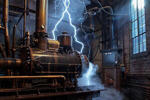 Lightning striking industrial steam engine in factory setting photo