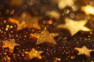 Glittering golden stars creating festive atmosphere on sparkling background photo
