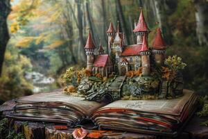 Fairytale castle emerging from an open book in a whispering forest photo