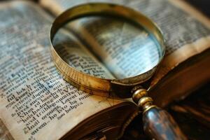 Magnifying glass exploring ancient book text and unraveling history photo