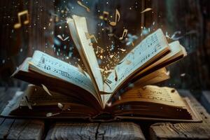 Open antique music book spreading magical musical notes in a mystical atmosphere photo