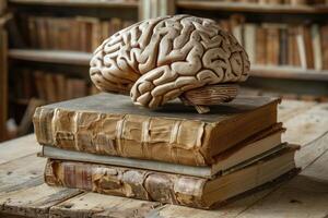 Brain model resting on stack of antique books in library setting photo