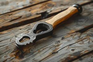 Multitool with wooden handle resting on rustic wooden table photo