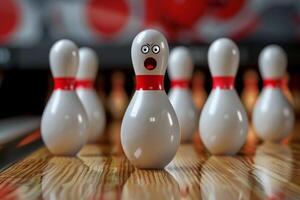 Shocked bowling pin standing on polished wooden bowling lane photo