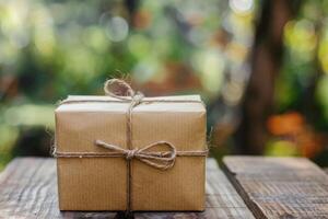 Brown paper package tied up with string sitting on wooden table with bokeh background photo