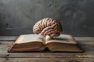 Human brain resting on open book symbolizing knowledge and learning photo