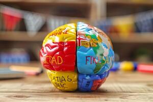Colorful brain model showing different brain regions and functions photo