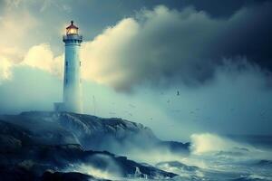 Lighthouse guiding ships through stormy seas and cloudy sky photo
