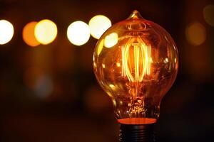 Bright lightbulb shining in the dark with city lights blurred in background photo