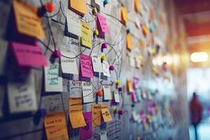 Project management board showing workflow and sticky notes connected by string photo