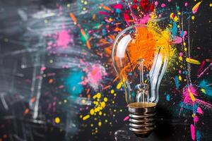Light bulb exploding with colorful ideas on a splattered background photo