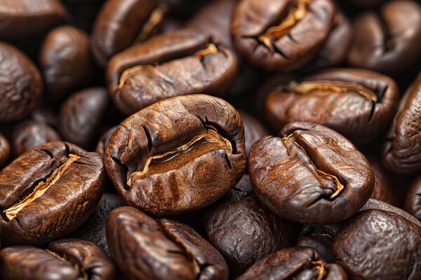Roasted coffee beans forming a textured background for cafe and coffee shop designs