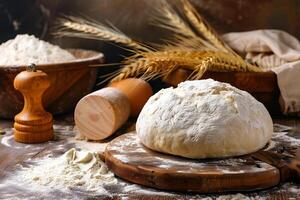 Fresh dough resting on wooden board with wheat ears and flour on rustic table photo