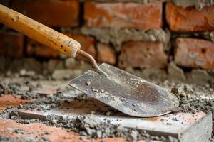 Trowel laying cement between bricks during construction work photo