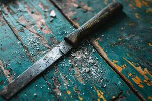 Old knife resting on weathered wooden table with paint chips photo