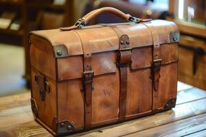 Old leather suitcase sitting on wooden table in workshop photo