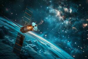 Space station orbiting earth with solar panels deployed in deep space photo
