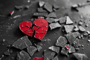 Broken red heart and scattered grey shards symbolizing lost love and heartbreak photo