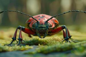 Red and black beetle crawling on moss in a forest, photo