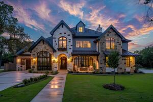 Luxury stone and siding home exterior at dusk with illuminated windows photo