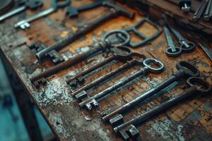 Old keys resting on a weathered workbench in a workshop photo