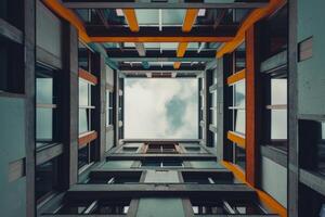 Modern building with colorful facade and cloudy sky above photo