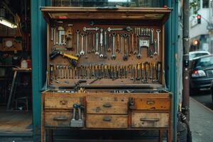 Wooden toolbox with variety of tools displayed on wall in workshop photo