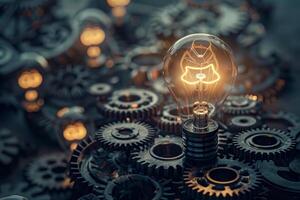 Bright lightbulb illuminating interlocking gears symbolizing innovation photo