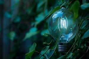 Glowing light bulb hanging from green plant symbolizing green energy and new ideas photo