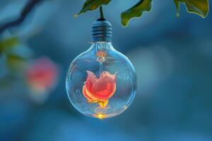 Lightbulb hanging from tree branch protecting delicate flower photo