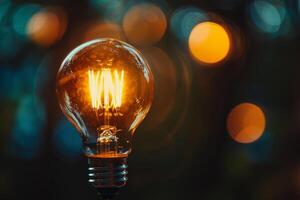 Bright lightbulb shining with warm bokeh background representing ideas and innovation photo