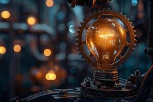 Glowing light bulb generating innovative ideas in industrial setting photo