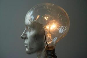 Light bulb shining inside mannequin head symbolizing innovation photo