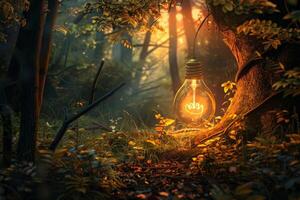 Glowing light bulb hanging in an enchanting forest at sunset photo
