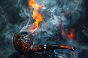 Smoking pipe burning with flames and smoke in dark background photo